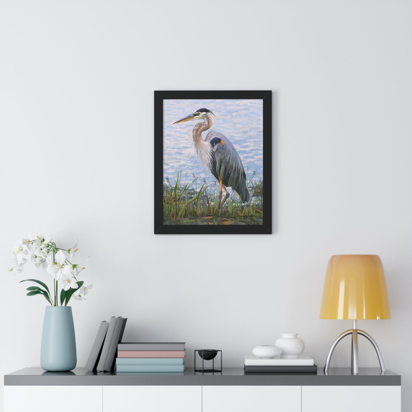 Framed Matte Print, Blue Heron at Stansbury Lake, by Rod Walgamott