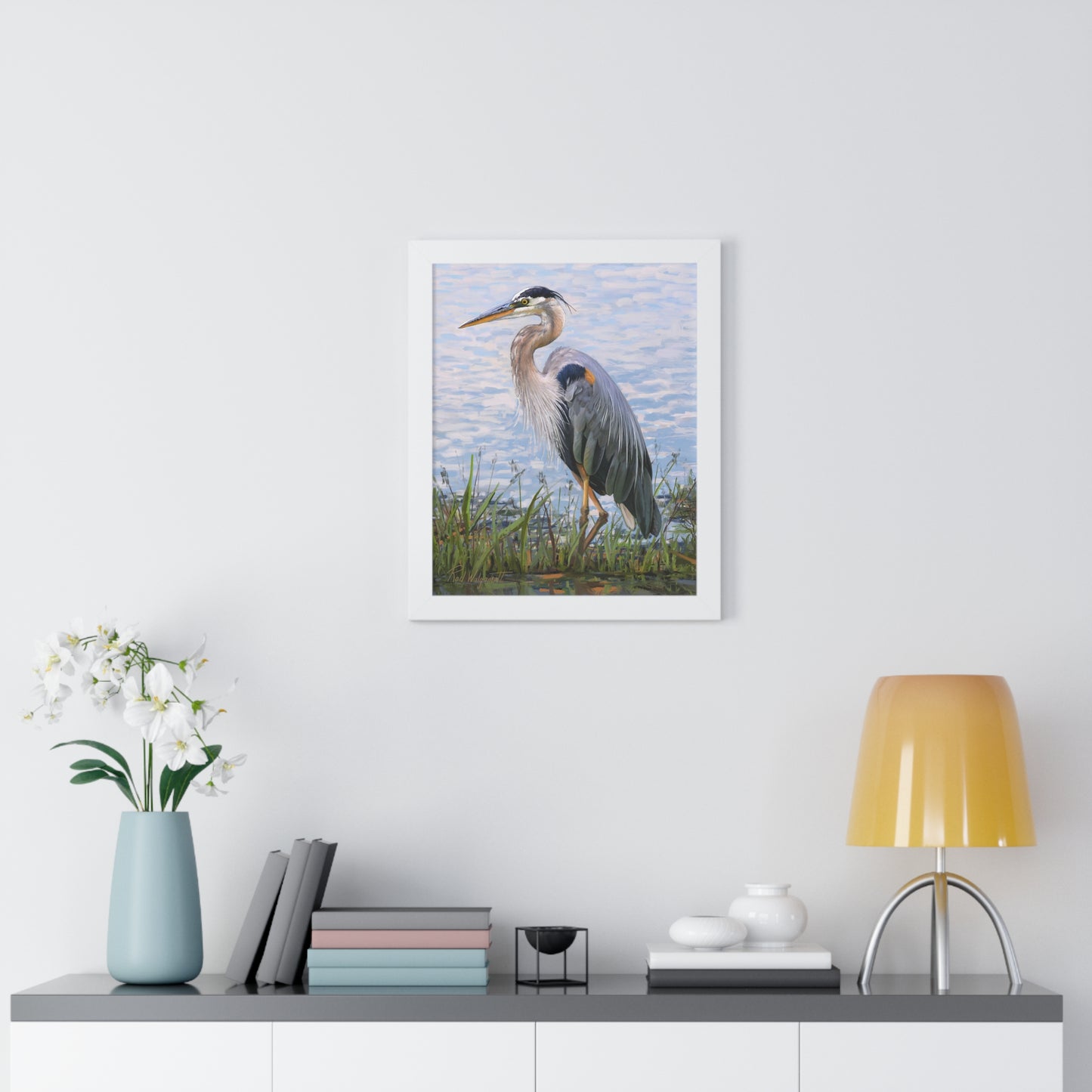 Framed Matte Print, Blue Heron at Stansbury Lake, by Rod Walgamott