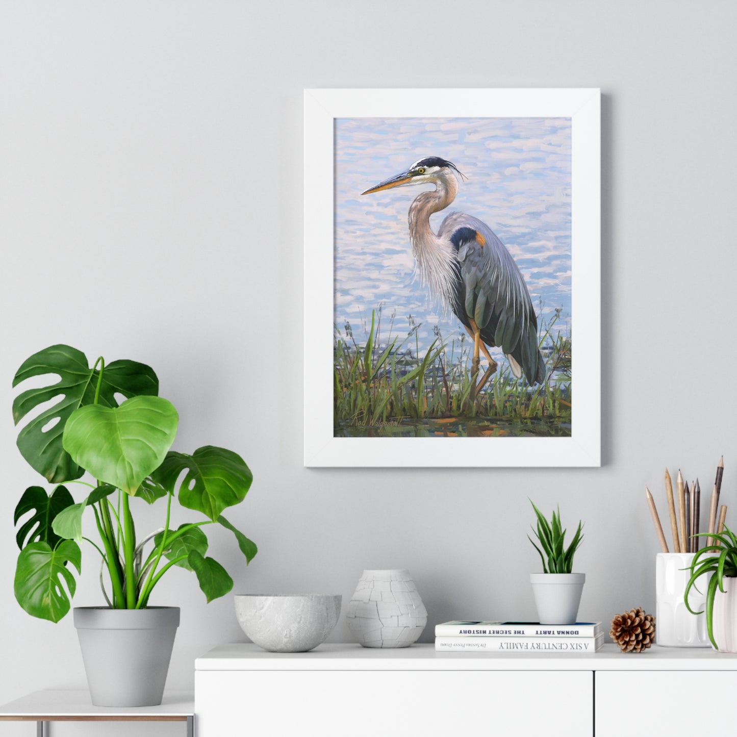 Framed Matte Print, Blue Heron at Stansbury Lake, by Rod Walgamott