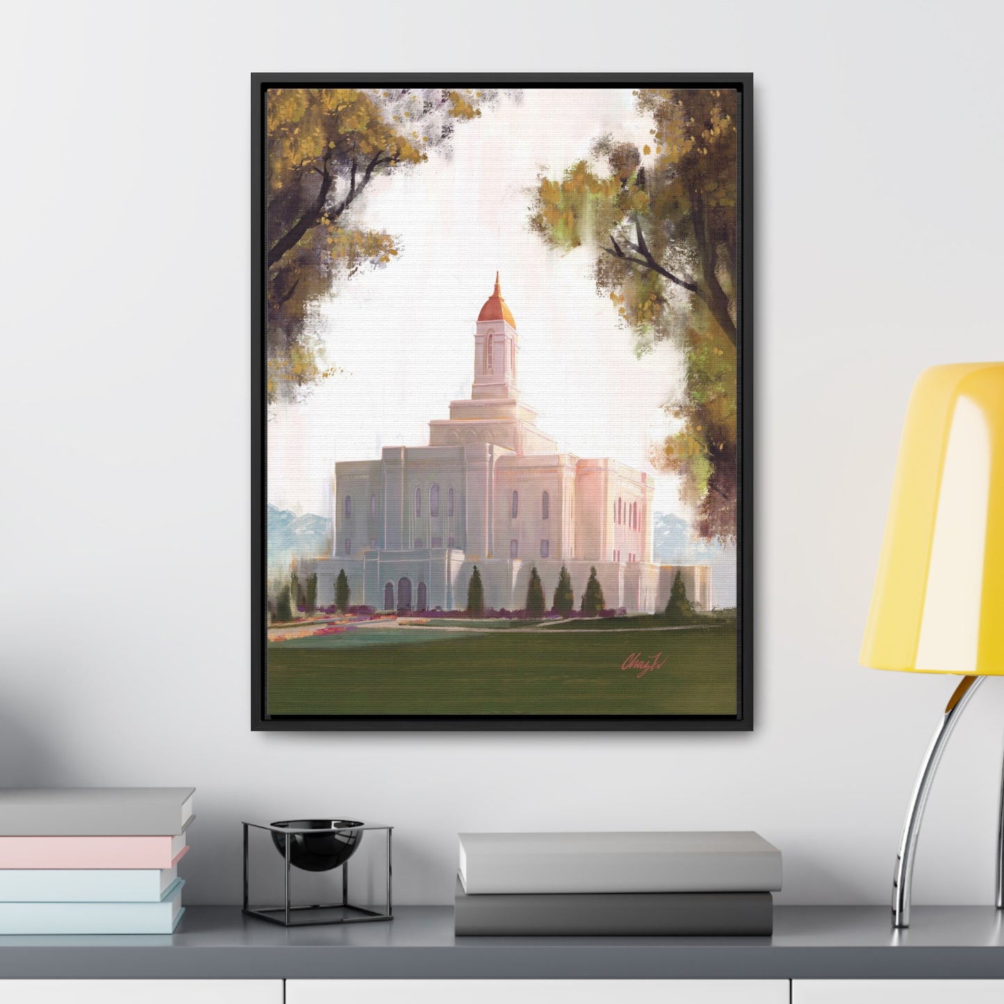 Framed canvas Wrap, Deseret Peak Temple, Golden D by Chaz Walgamott