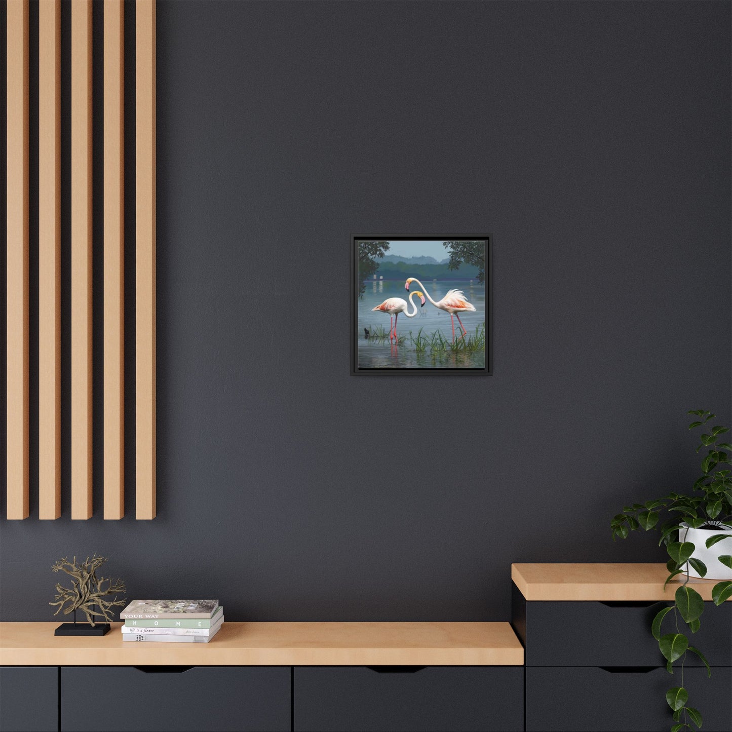 Framed Flamingo Canvas Art – Flamingo Dance by Rod Walgamott
