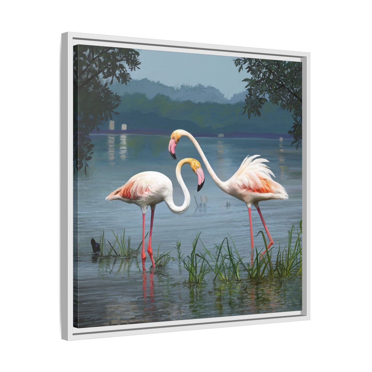 Framed Flamingo Canvas Art – Flamingo Dance by Rod Walgamott