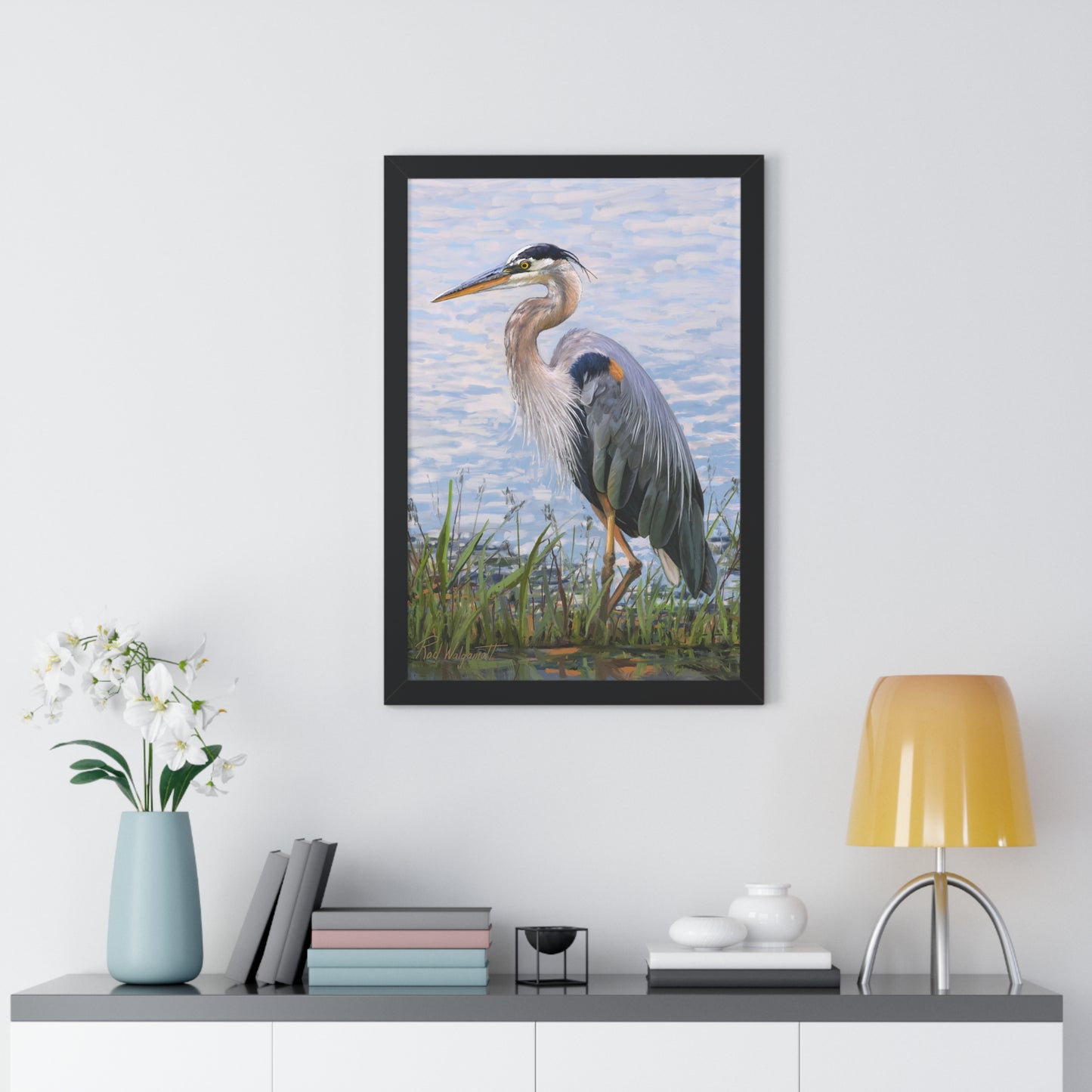 Framed Matte Print, Blue Heron at Stansbury Lake, by Rod Walgamott