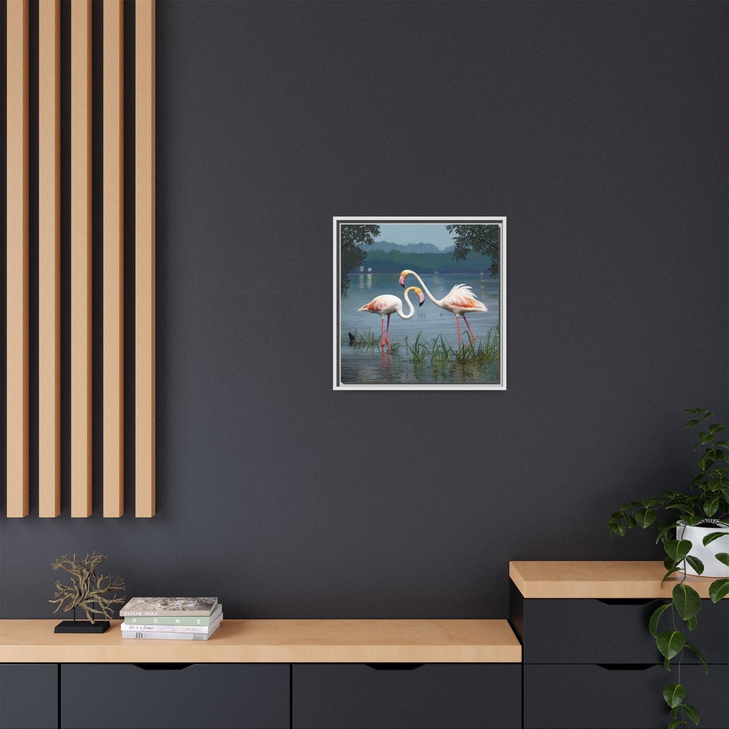 Framed Flamingo Canvas Art – Flamingo Dance by Rod Walgamott