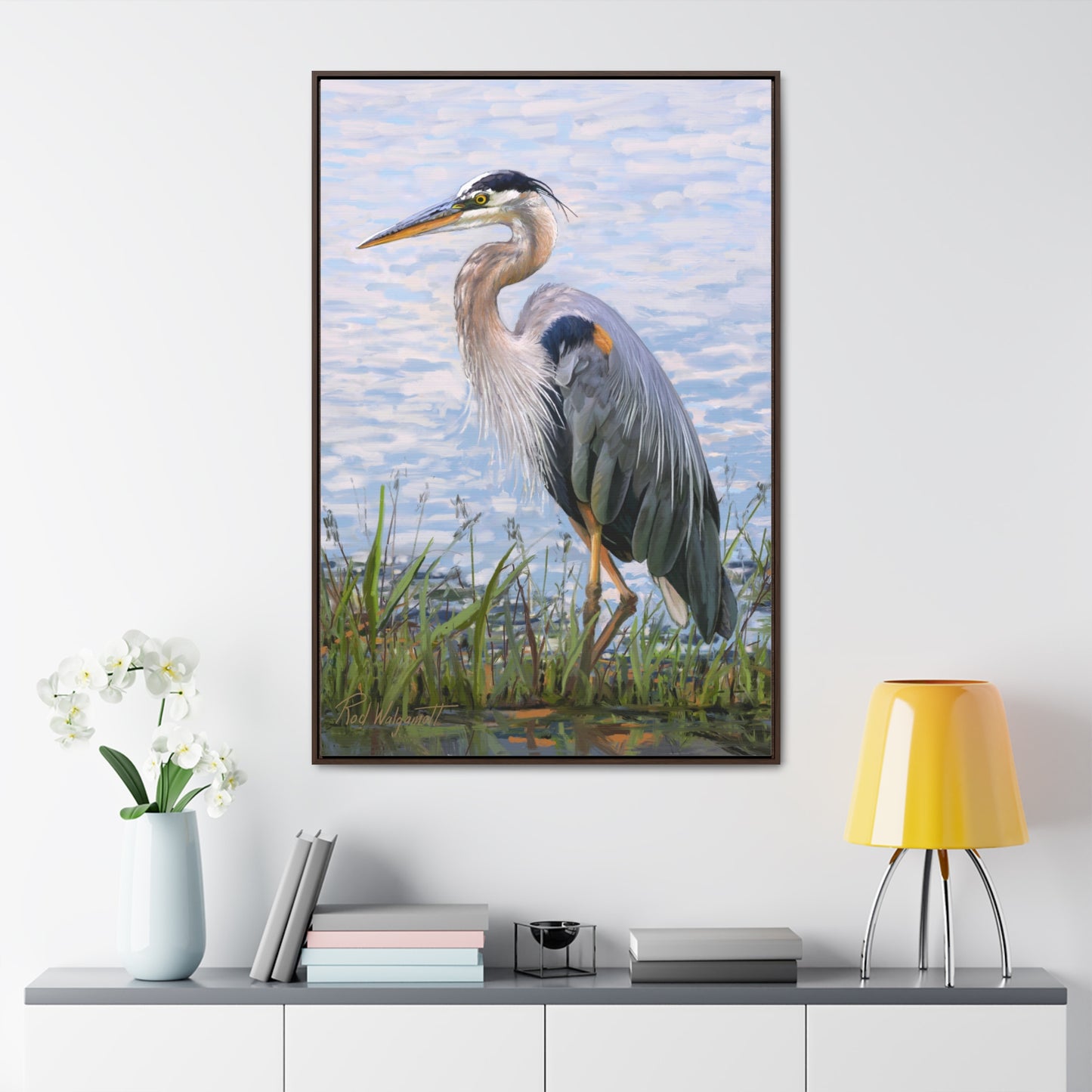 Framed canvas Wrap, Blue Heron at Stansbury Lake, by Rod Walgamott