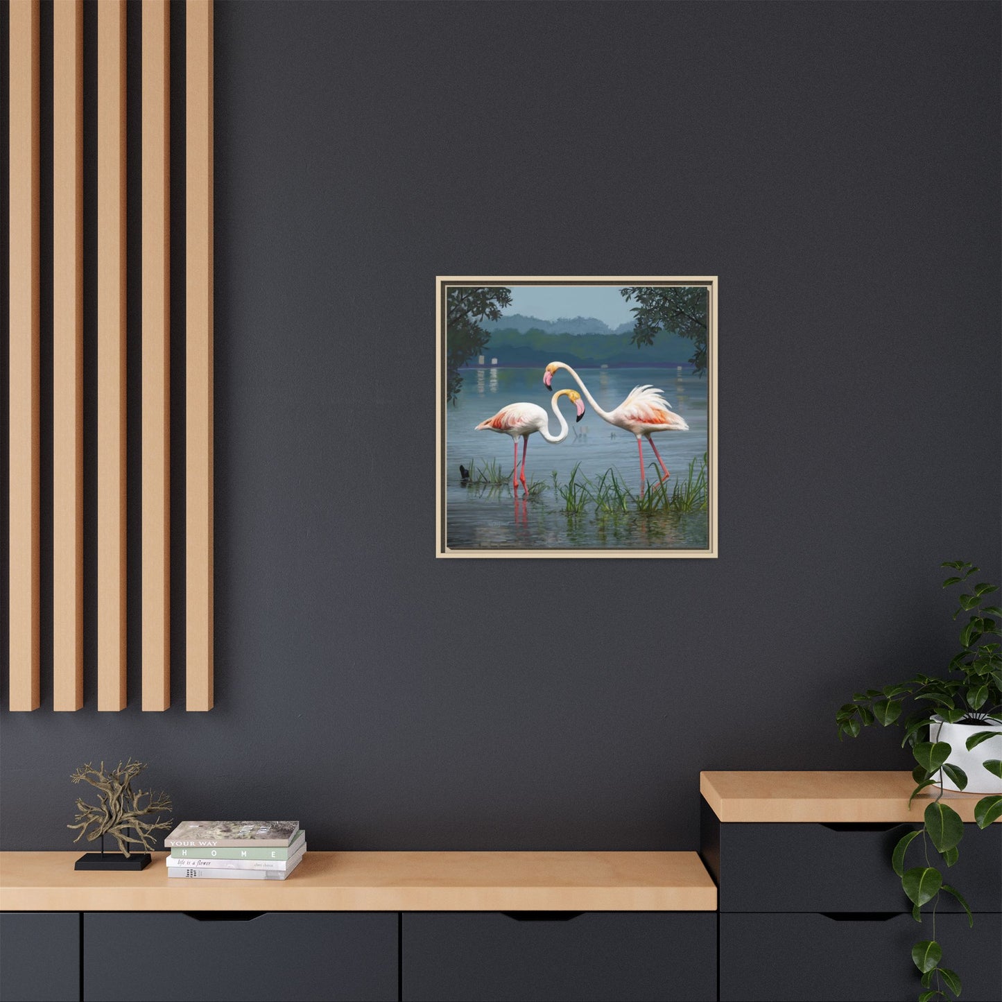 Framed Flamingo Canvas Art – Flamingo Dance by Rod Walgamott