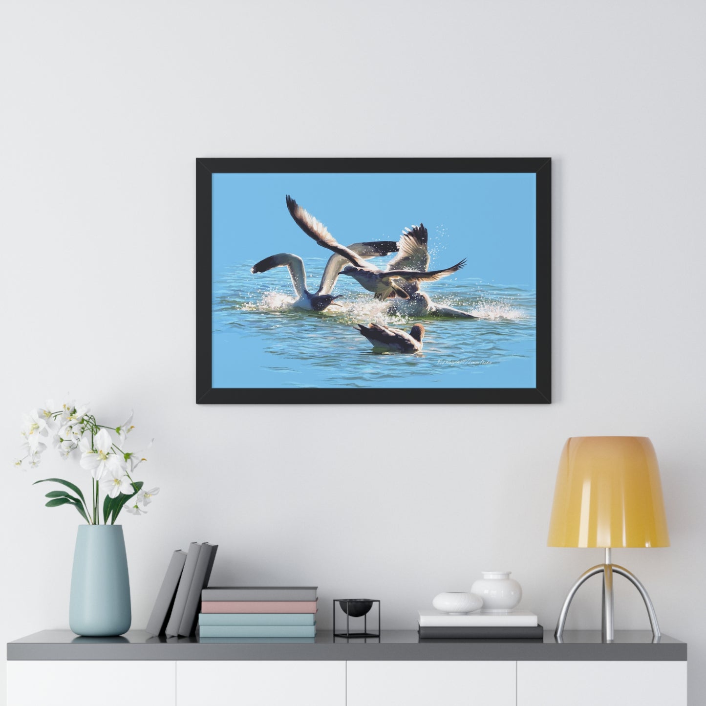 Framed Matte Print, Gull Fight on Stansbury Lake, by Rod Walgamott