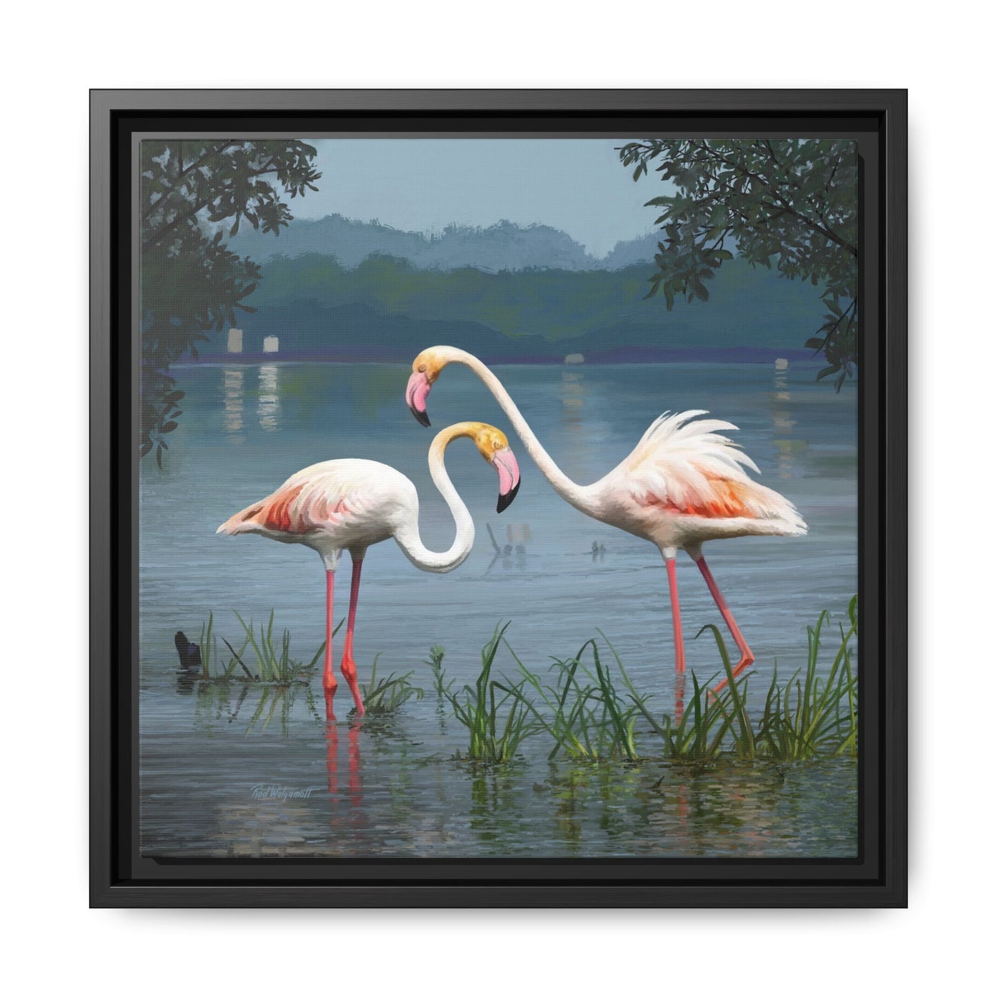 Framed Flamingo Canvas Art – Flamingo Dance by Rod Walgamott