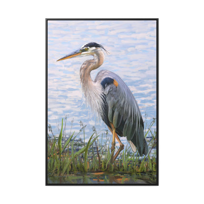 Framed canvas Wrap, Blue Heron at Stansbury Lake, by Rod Walgamott