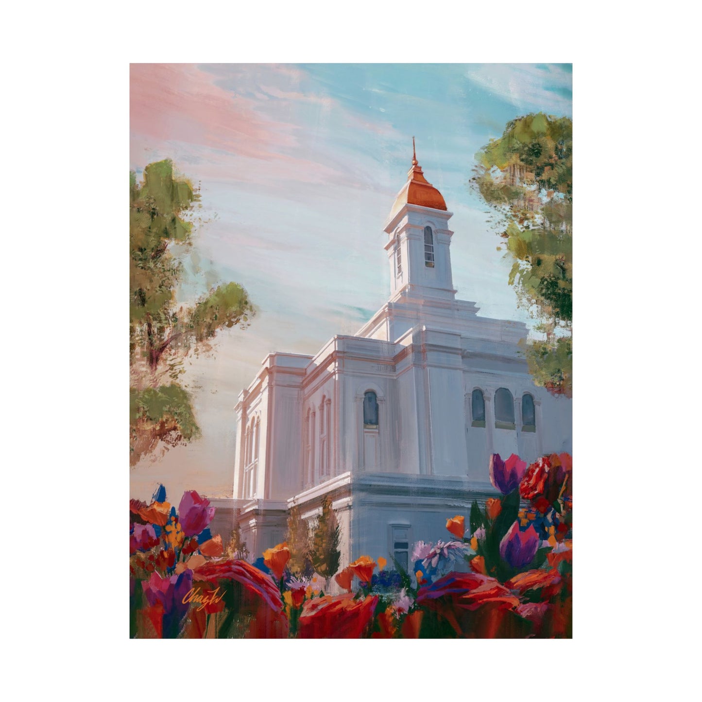Premium Matte Paper Print, Deseret Peak Temple--Spring Flowers, by Chaz Walgamott