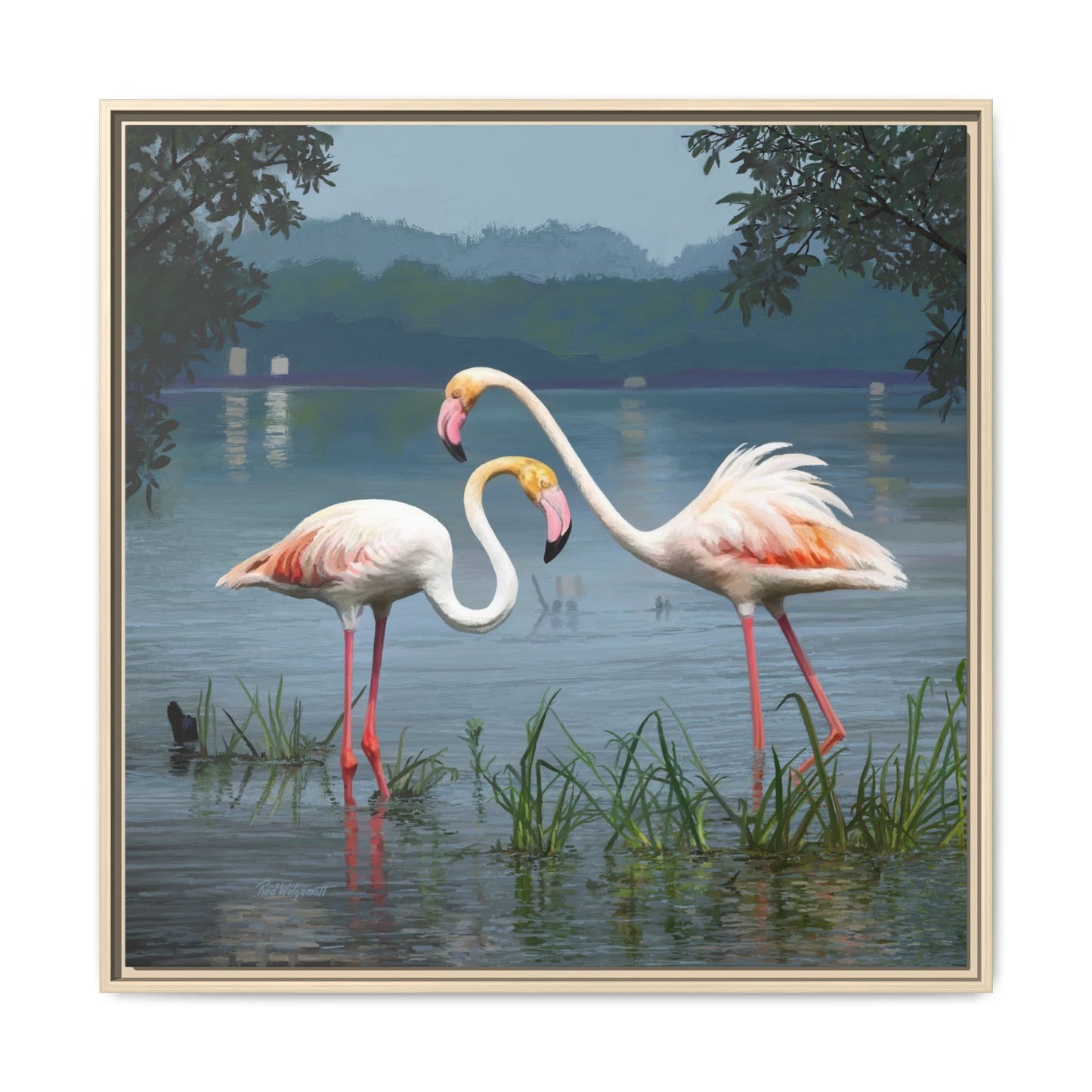 Framed Flamingo Canvas Art – Flamingo Dance by Rod Walgamott