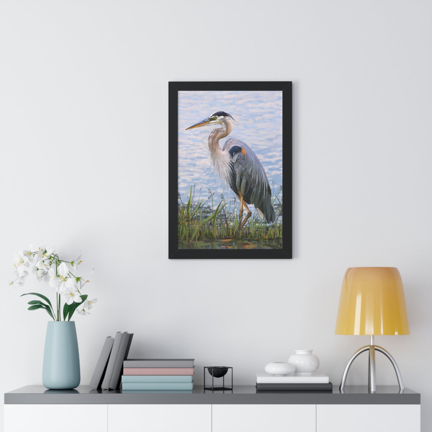 Framed Matte Print, Blue Heron at Stansbury Lake, by Rod Walgamott