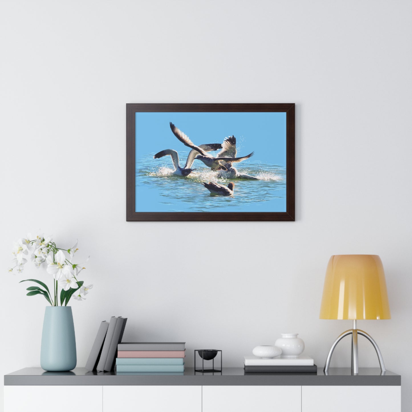 Framed Matte Print, Gull Fight on Stansbury Lake, by Rod Walgamott