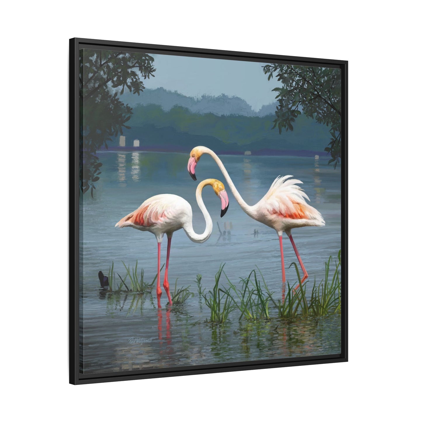 Framed Flamingo Canvas Art – Flamingo Dance by Rod Walgamott