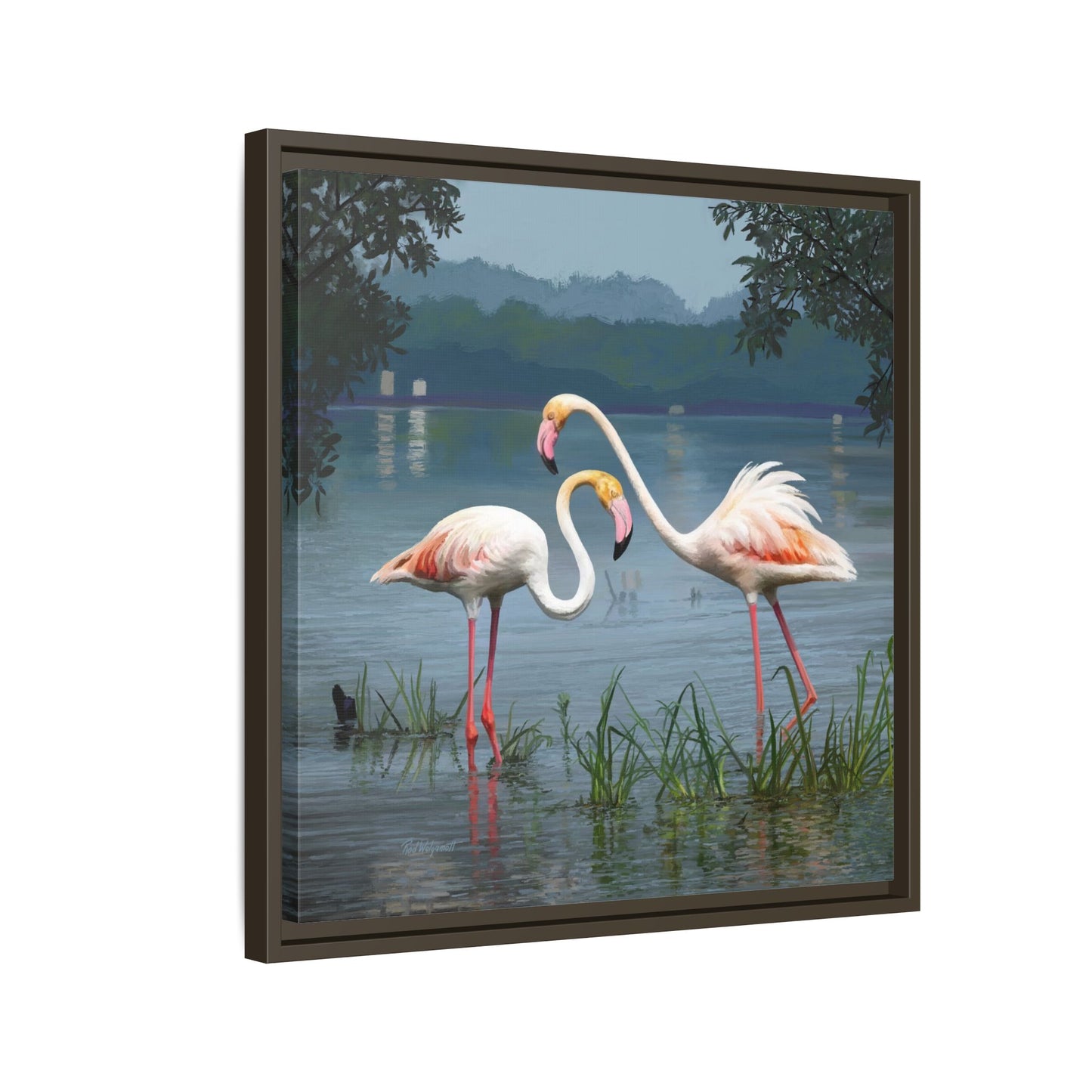 Framed Flamingo Canvas Art – Flamingo Dance by Rod Walgamott