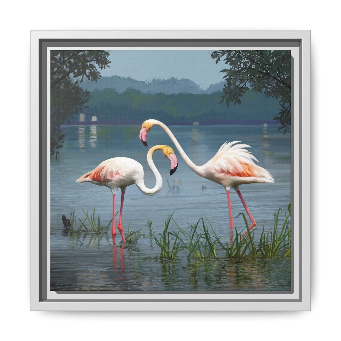 Framed Flamingo Canvas Art – Flamingo Dance by Rod Walgamott