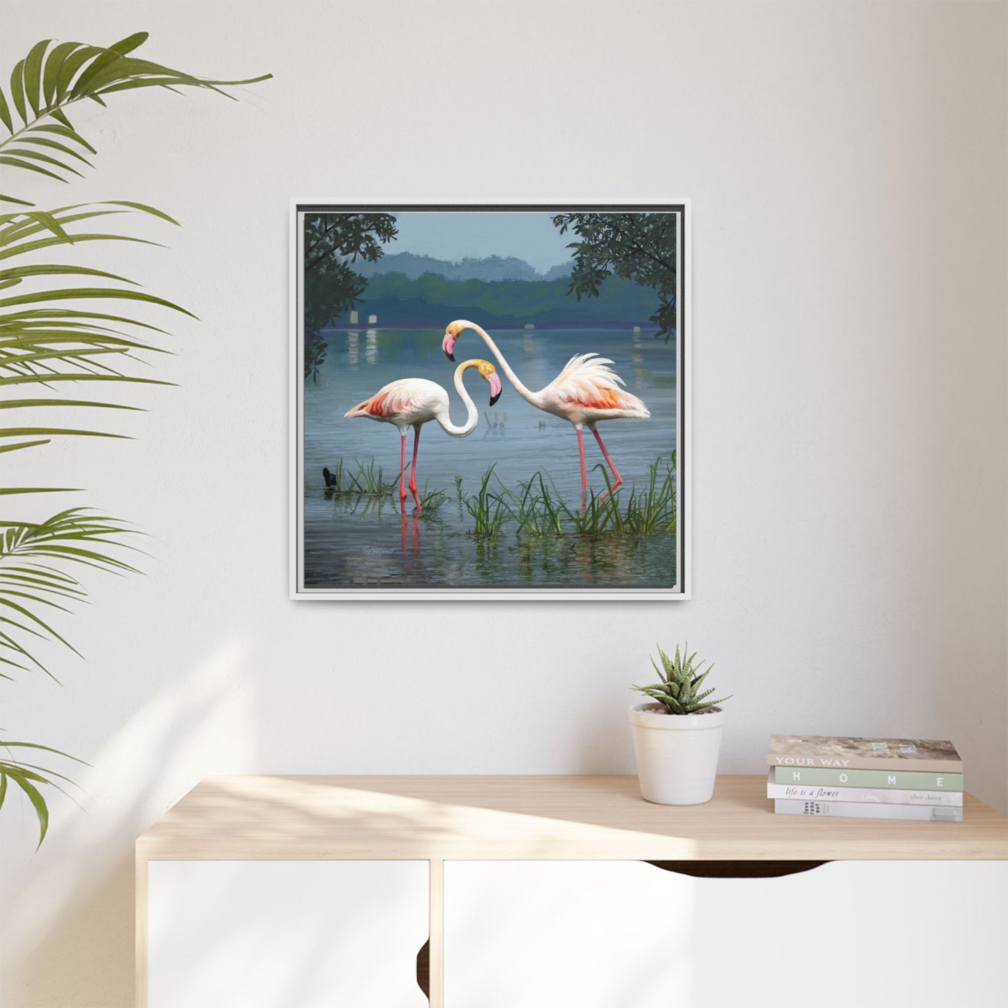 Framed Flamingo Canvas Art – Flamingo Dance by Rod Walgamott