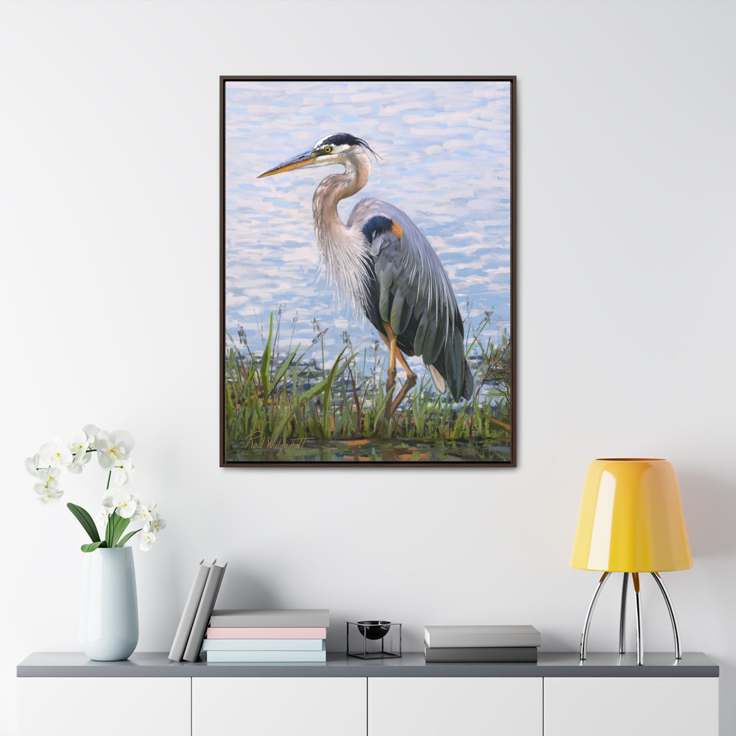 Framed canvas Wrap, Blue Heron at Stansbury Lake, by Rod Walgamott
