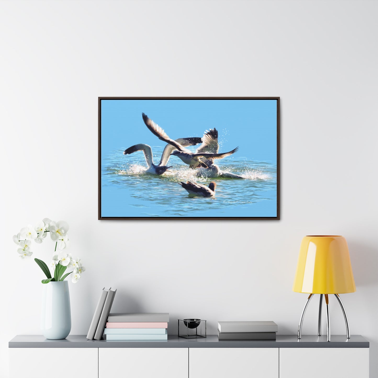 Stretched Canvas Print in Wood Frame, Gull Fight on Stansbury Lake, by Rod Walgamott