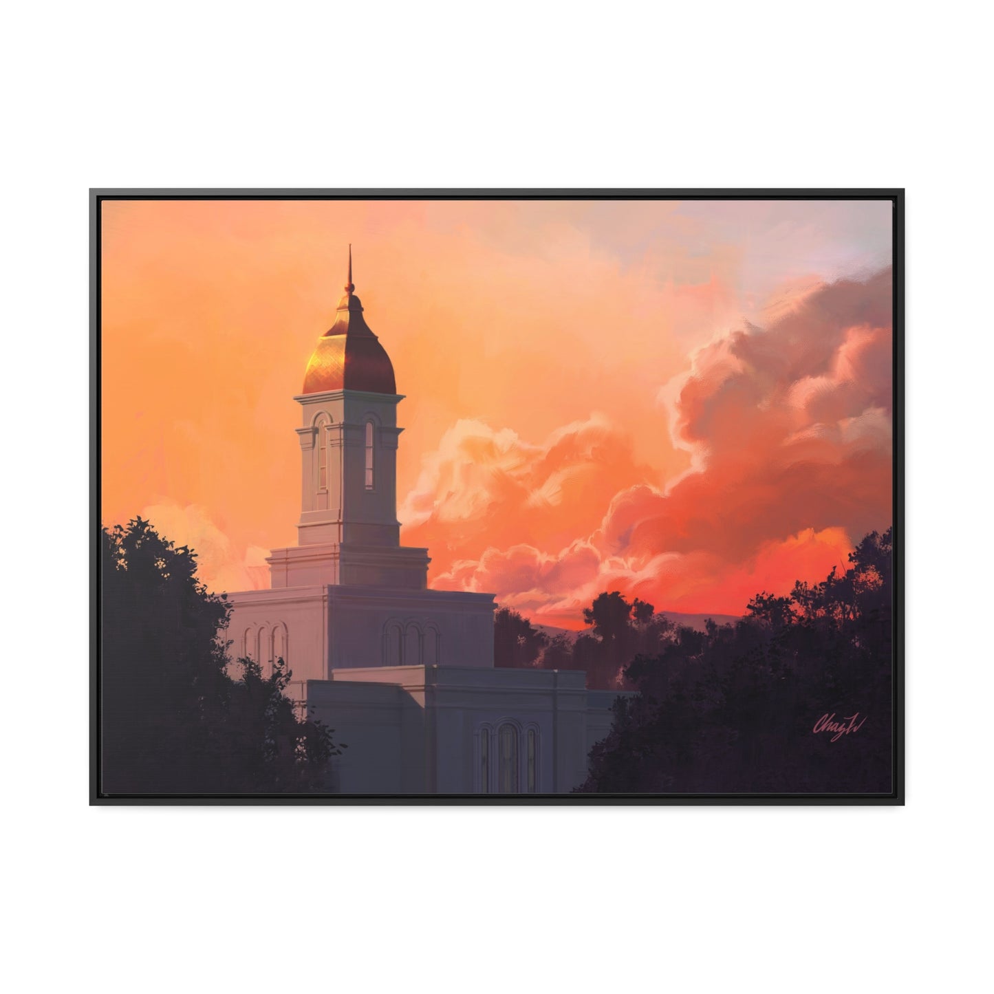 Stretched Canvas in Wood Frame--Deseret Peak Temple--Sunset by Chaz Walgamott