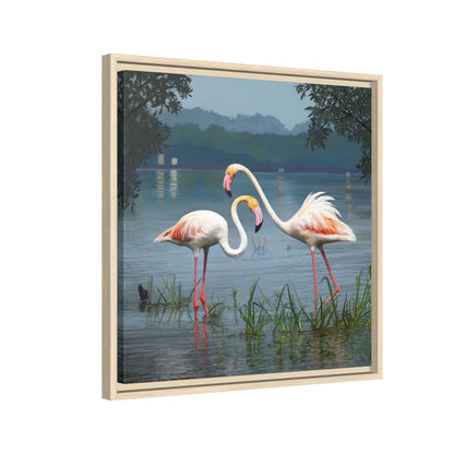 Framed Flamingo Canvas Art – Flamingo Dance by Rod Walgamott
