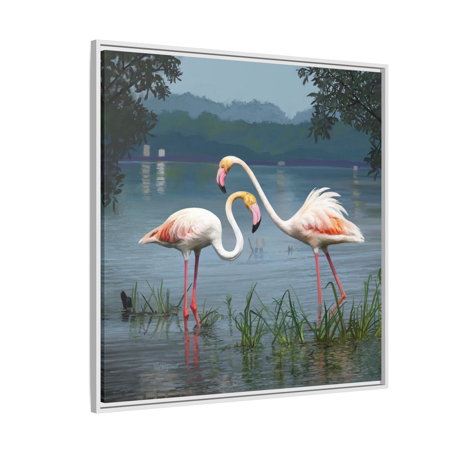 Framed Flamingo Canvas Art – Flamingo Dance by Rod Walgamott