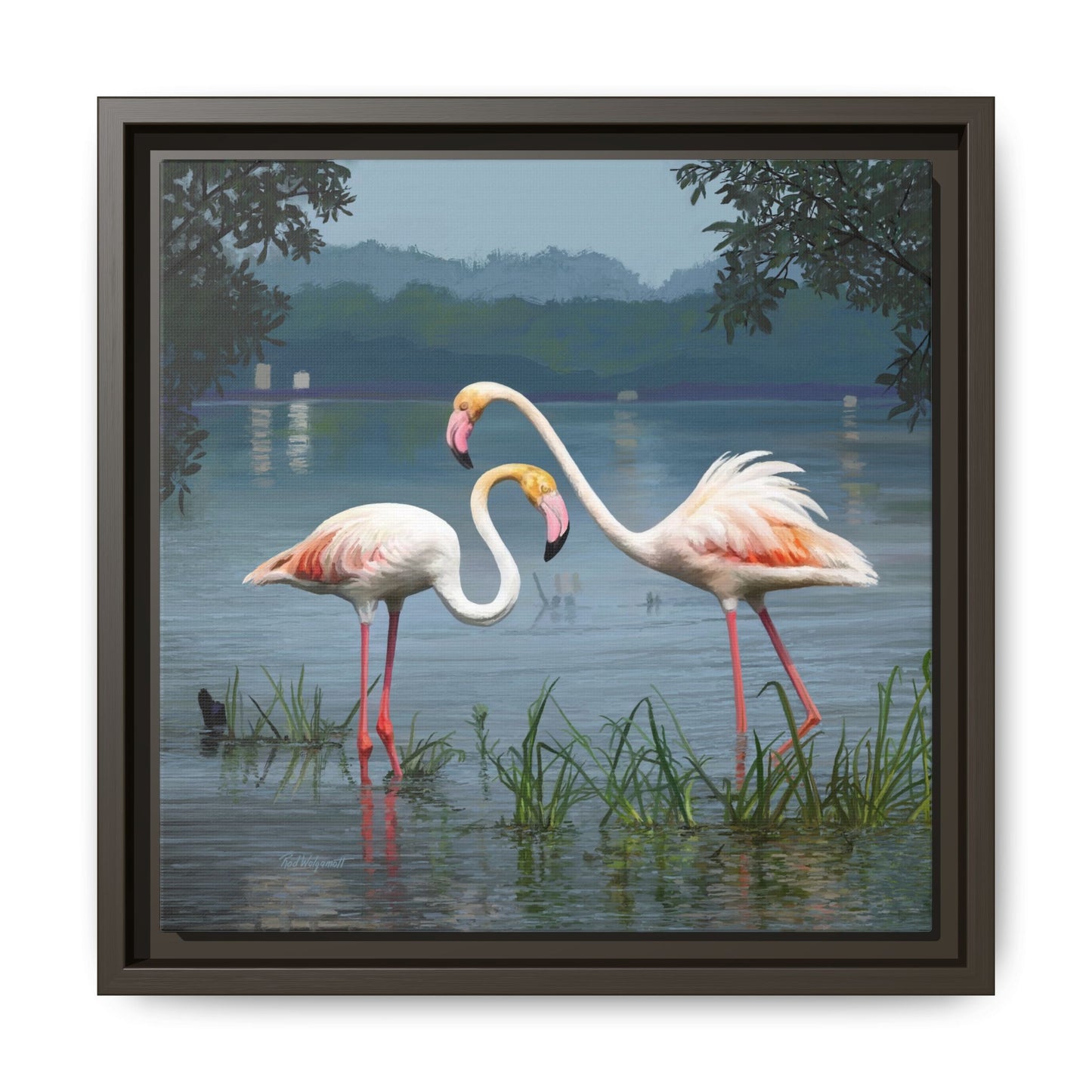 Framed Flamingo Canvas Art – Flamingo Dance by Rod Walgamott