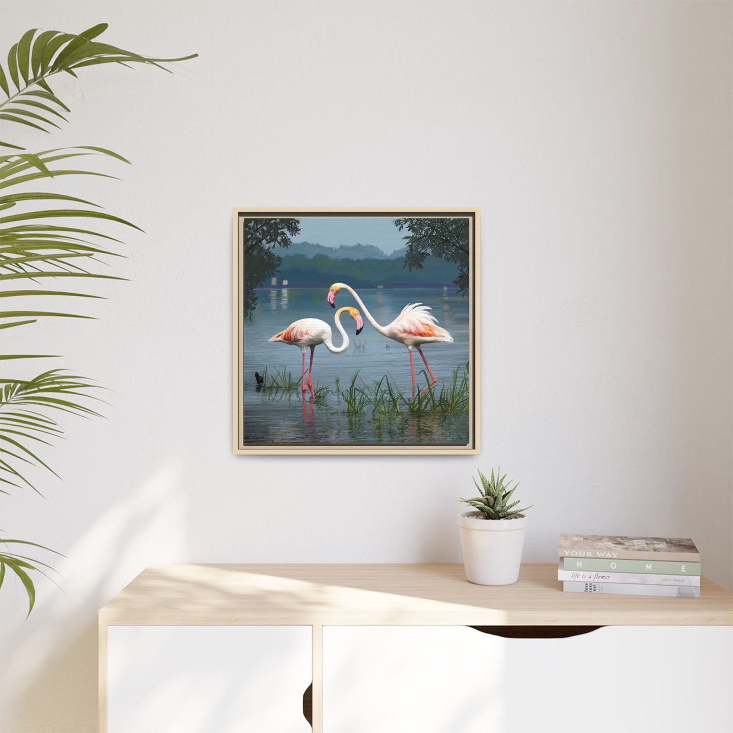 Framed Flamingo Canvas Art – Flamingo Dance by Rod Walgamott