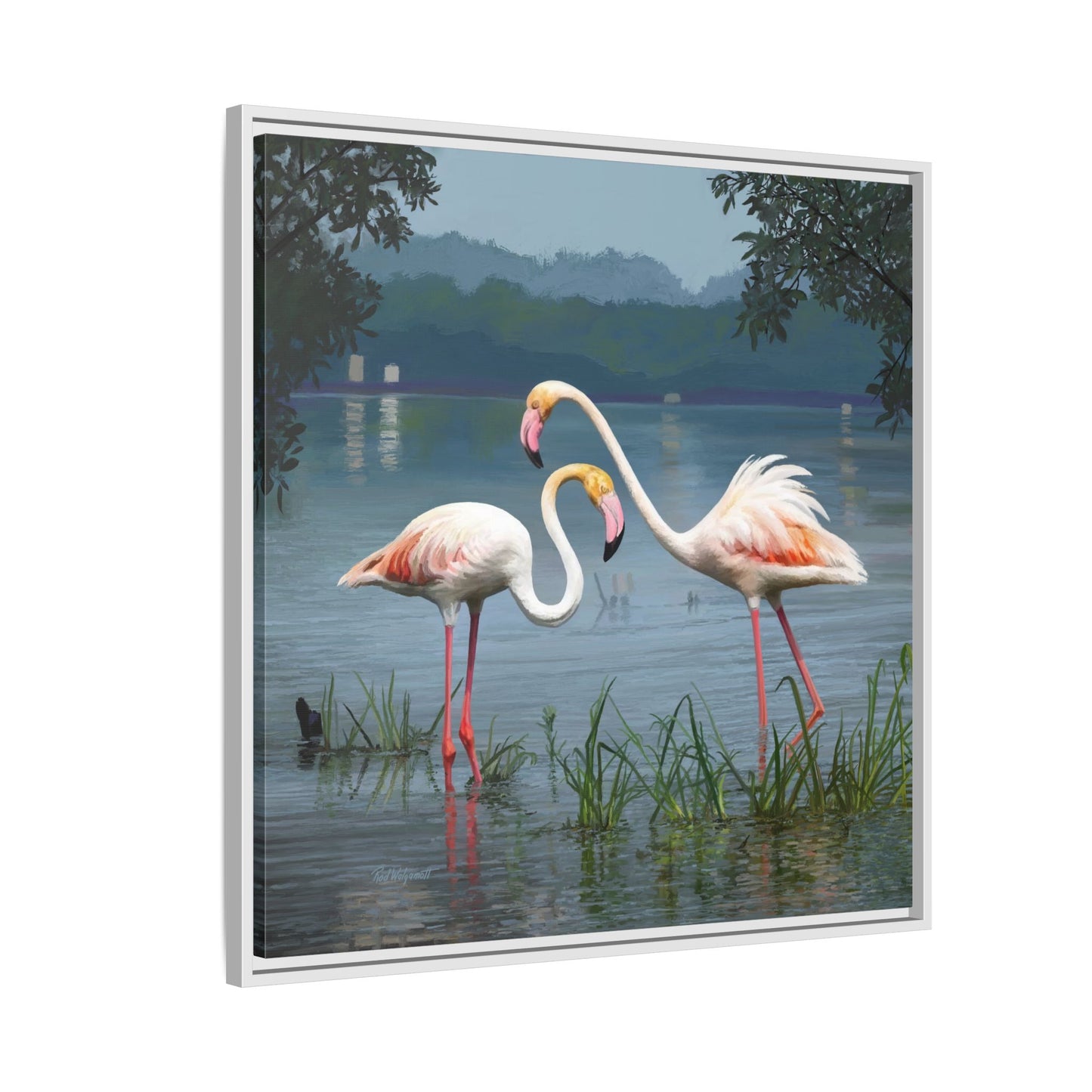 Framed Flamingo Canvas Art – Flamingo Dance by Rod Walgamott