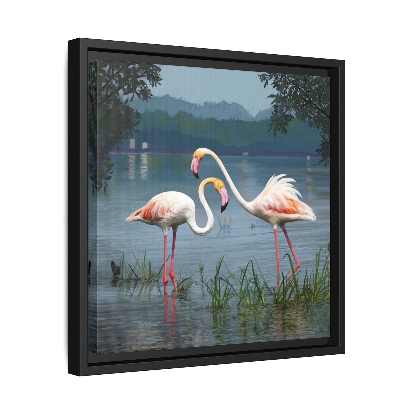 Framed Flamingo Canvas Art – Flamingo Dance by Rod Walgamott