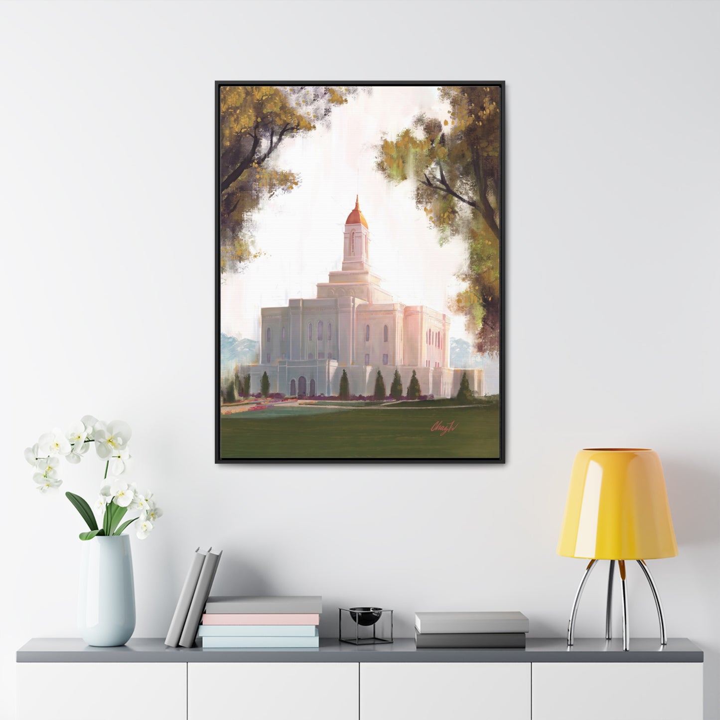 Framed canvas Wrap, Deseret Peak Temple, Golden D by Chaz Walgamott