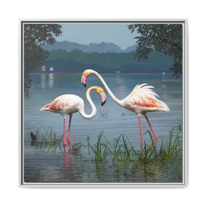 Framed Flamingo Canvas Art – Flamingo Dance by Rod Walgamott