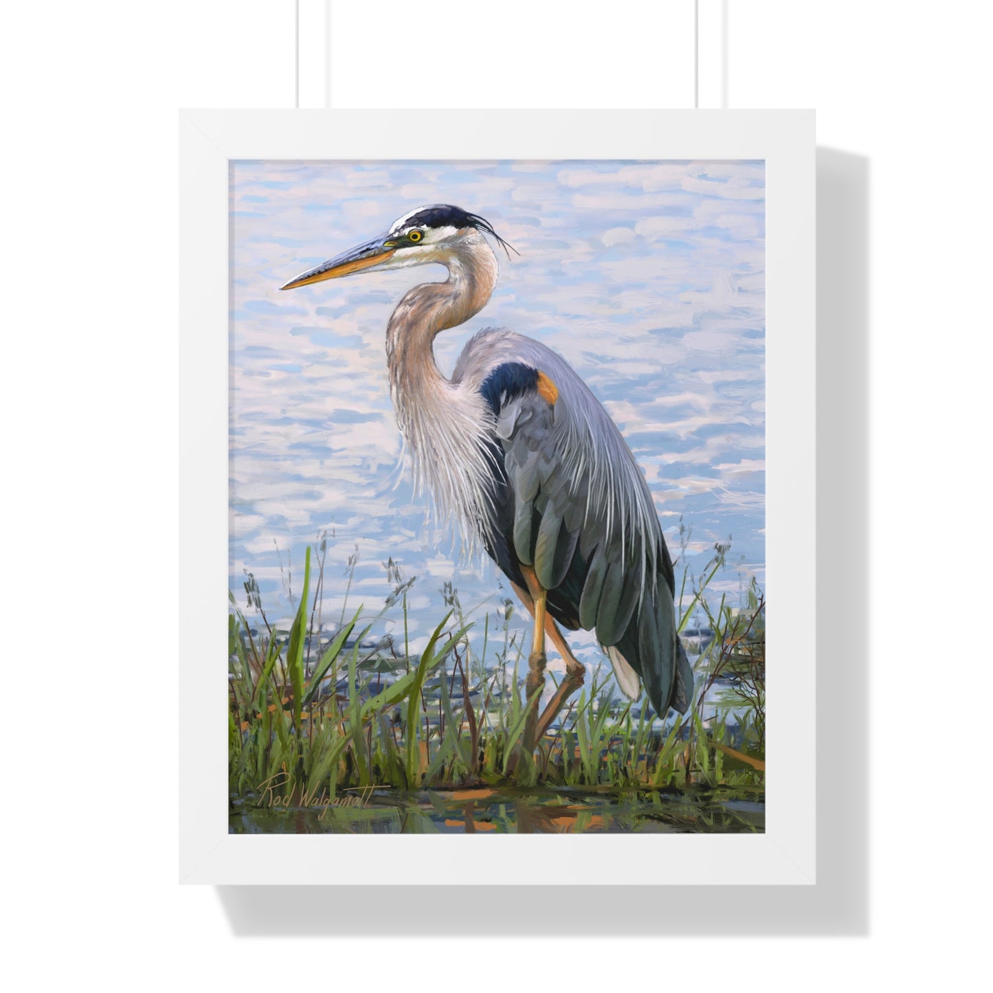 Framed Matte Print, Blue Heron at Stansbury Lake, by Rod Walgamott