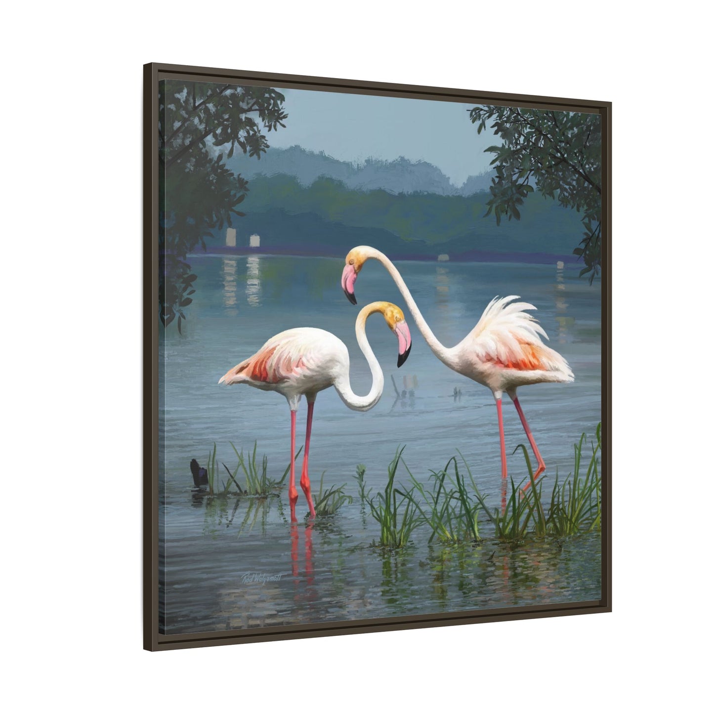 Framed Flamingo Canvas Art – Flamingo Dance by Rod Walgamott