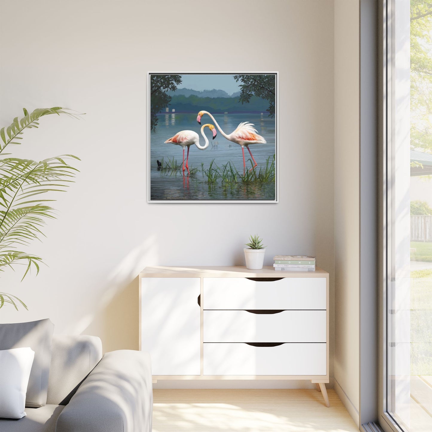 Framed Flamingo Canvas Art – Flamingo Dance by Rod Walgamott