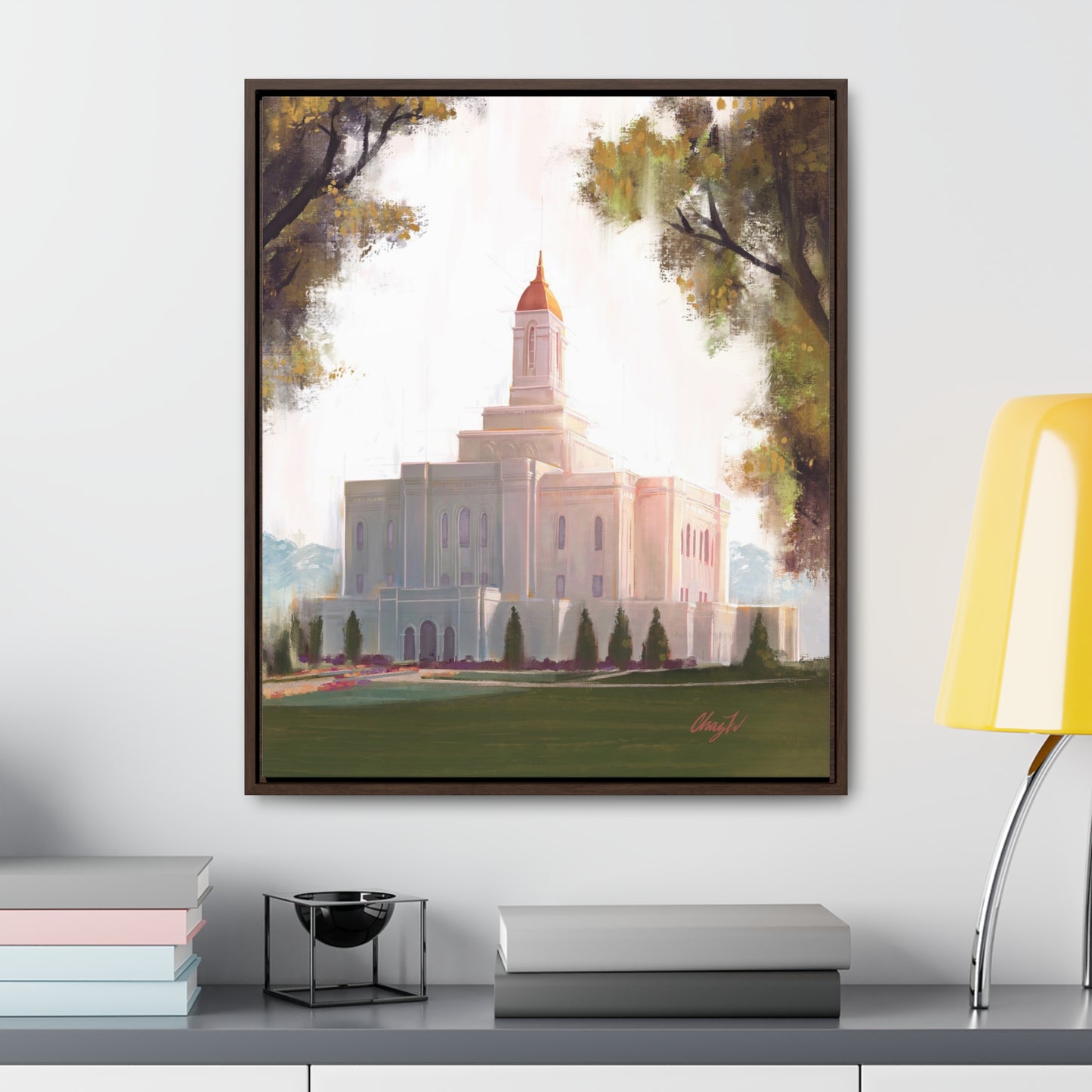 Framed canvas Wrap, Deseret Peak Temple, Golden D by Chaz Walgamott