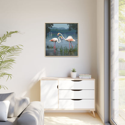 Framed Flamingo Canvas Art – Flamingo Dance by Rod Walgamott