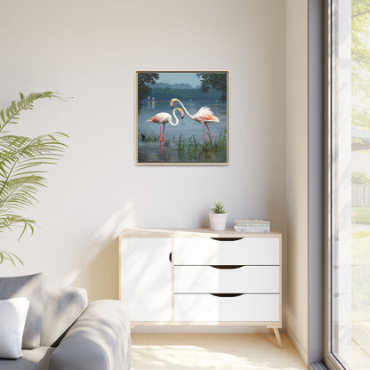 Framed Flamingo Canvas Art – Flamingo Dance by Rod Walgamott