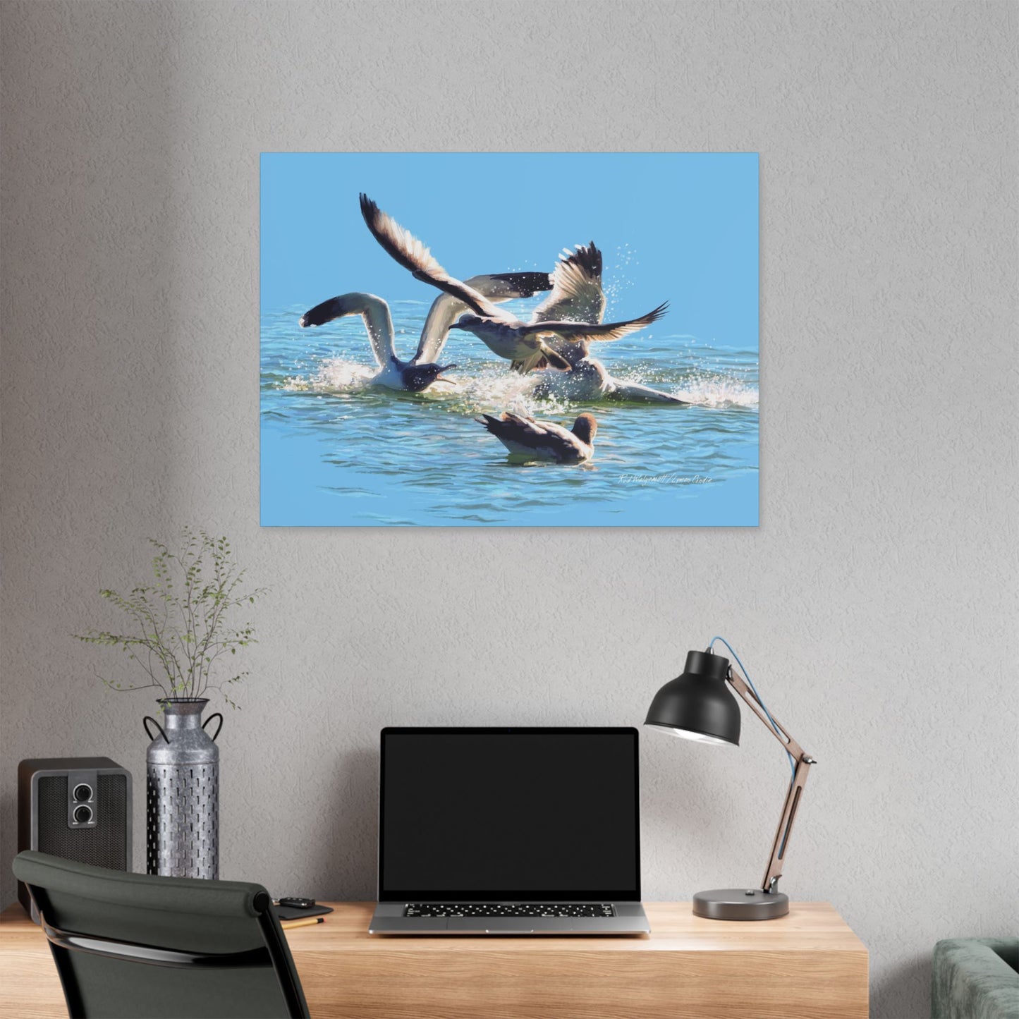 Classic Stretched Canvas, Gull Fight on Stansbury Lake, by Rod Walgamott