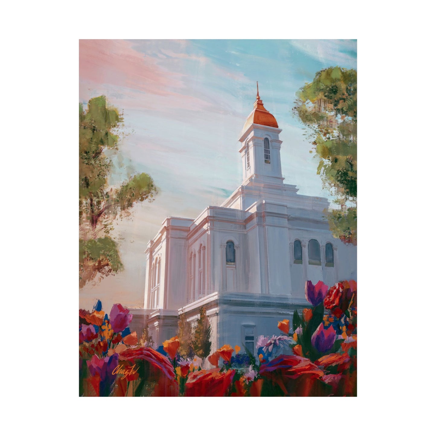 Premium Matte Paper Print, Deseret Peak Temple--Spring Flowers, by Chaz Walgamott