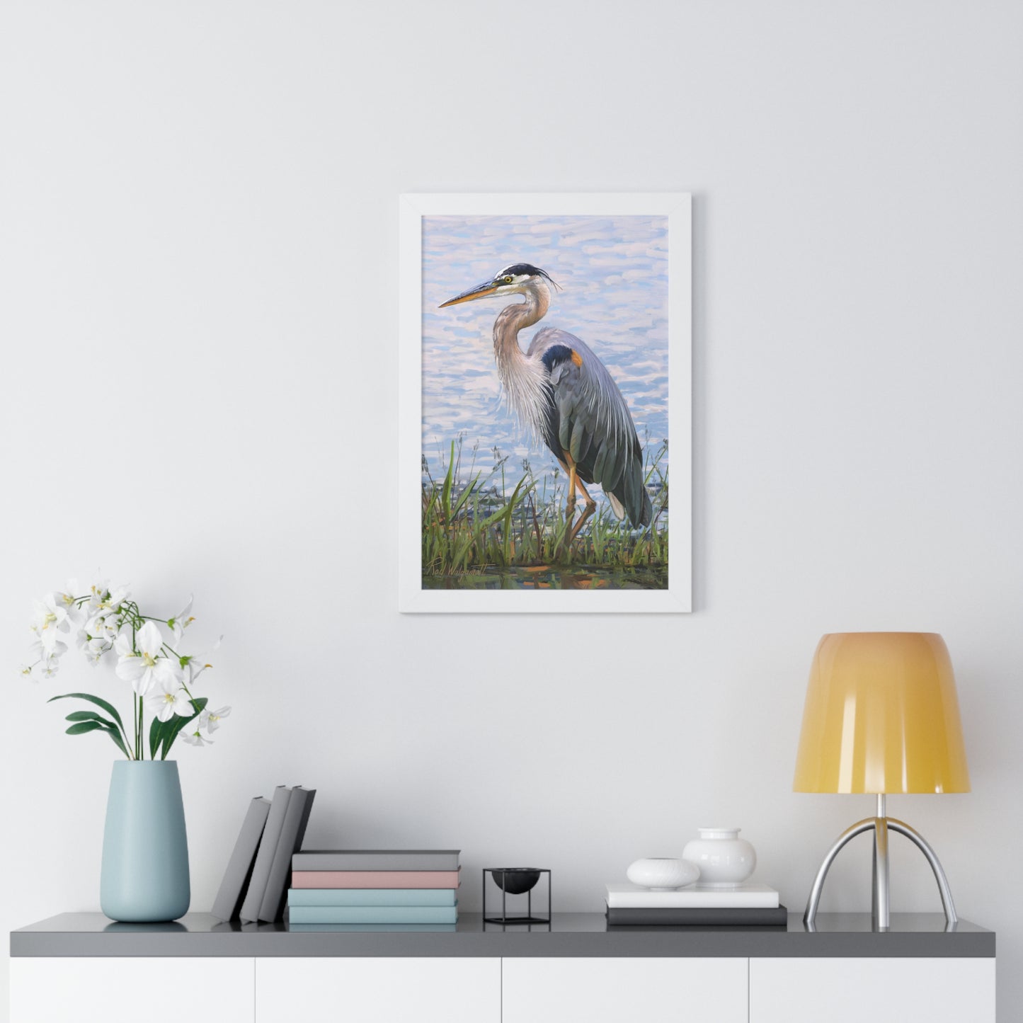 Framed Matte Print, Blue Heron at Stansbury Lake, by Rod Walgamott