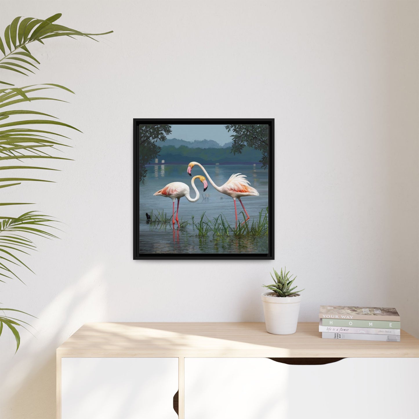 Framed Flamingo Canvas Art – Flamingo Dance by Rod Walgamott