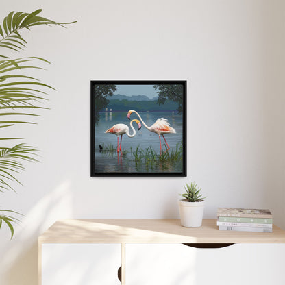 Framed Flamingo Canvas Art – Flamingo Dance by Rod Walgamott
