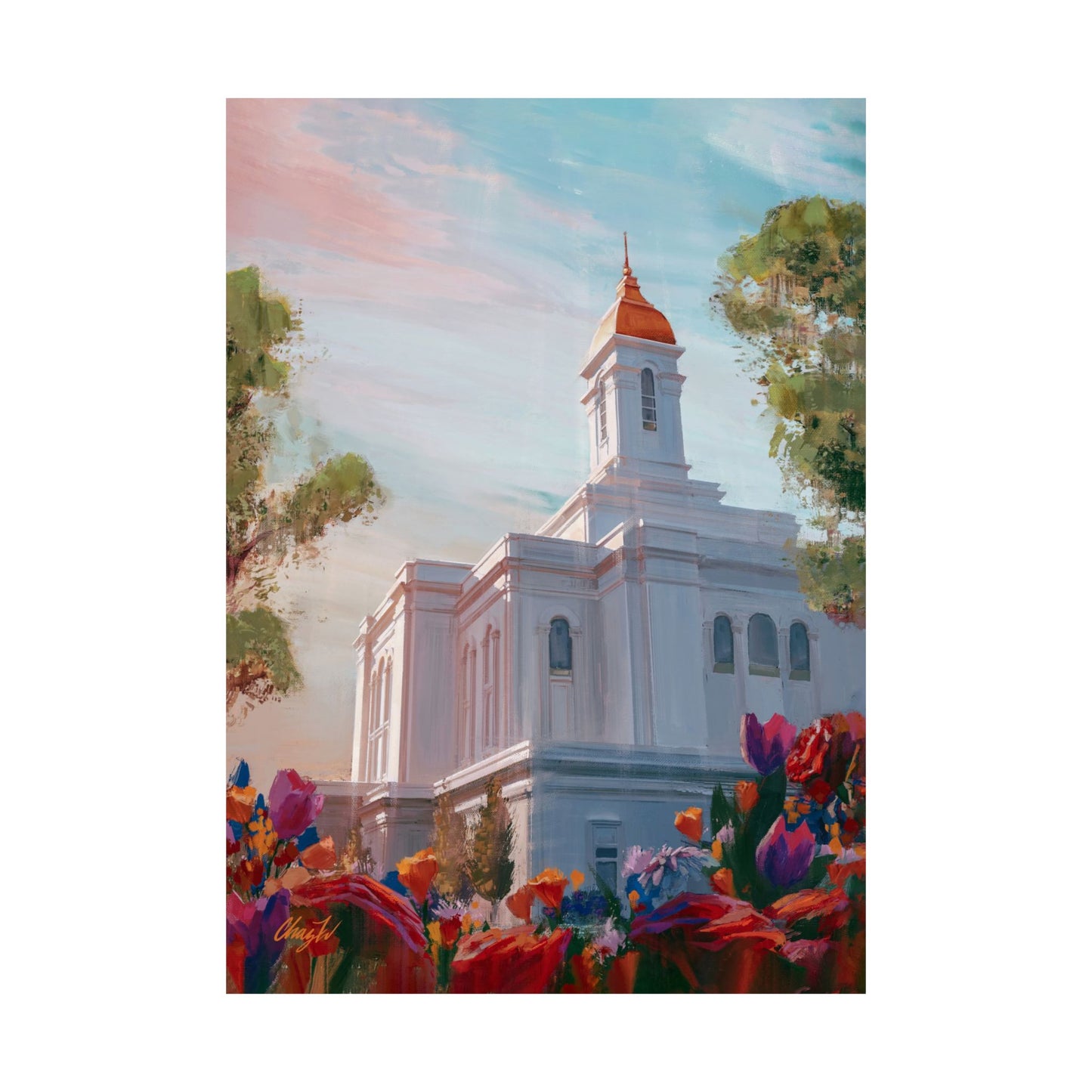 Premium Matte Paper Print, Deseret Peak Temple--Spring Flowers, by Chaz Walgamott