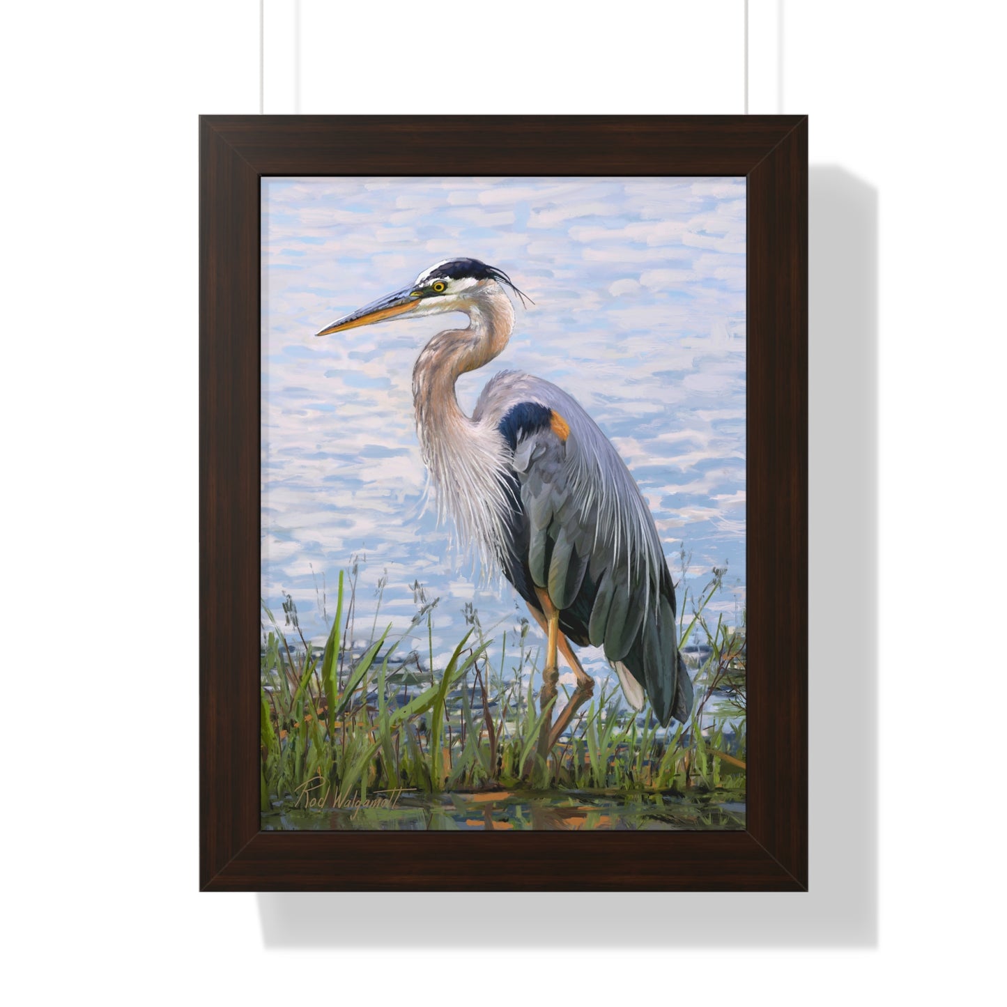 Framed Matte Print, Blue Heron at Stansbury Lake, by Rod Walgamott