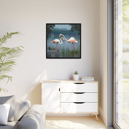 Framed Flamingo Canvas Art – Flamingo Dance by Rod Walgamott