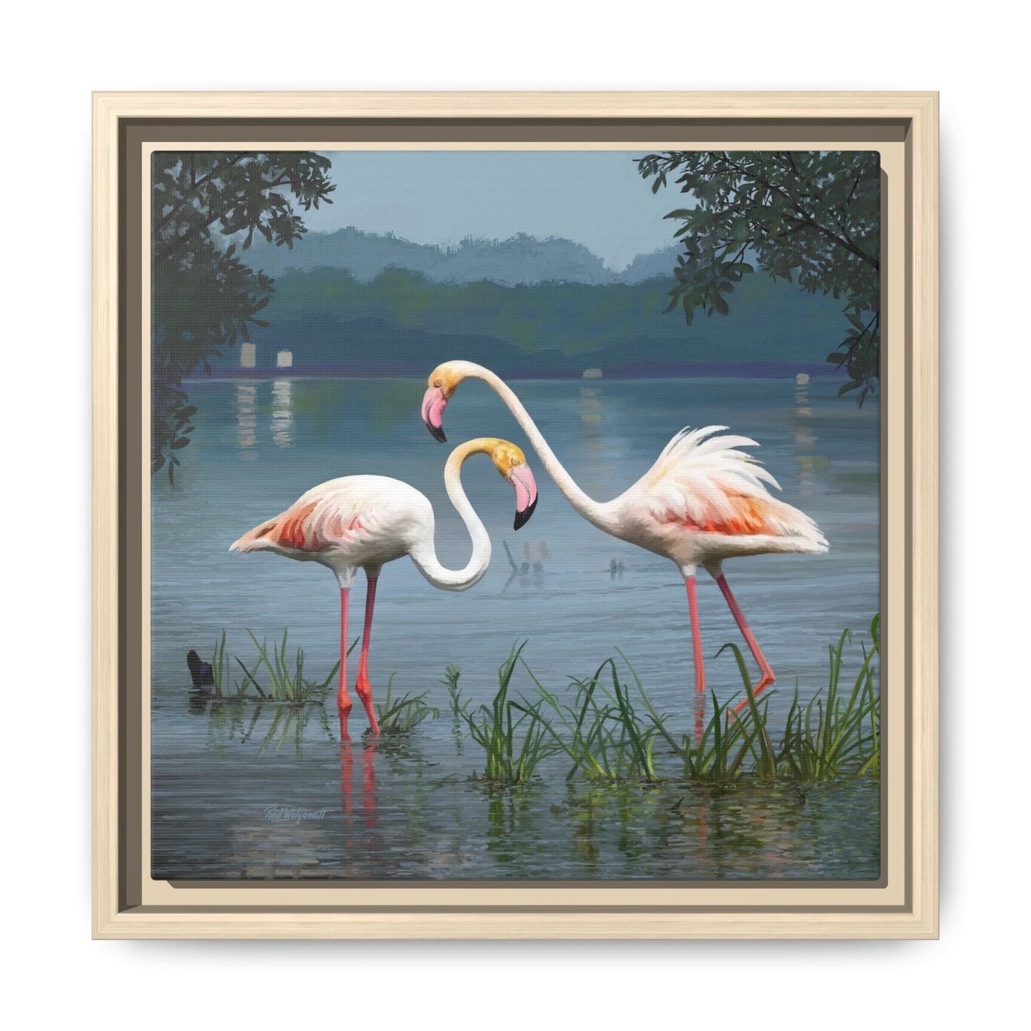 Framed Flamingo Canvas Art – Flamingo Dance by Rod Walgamott
