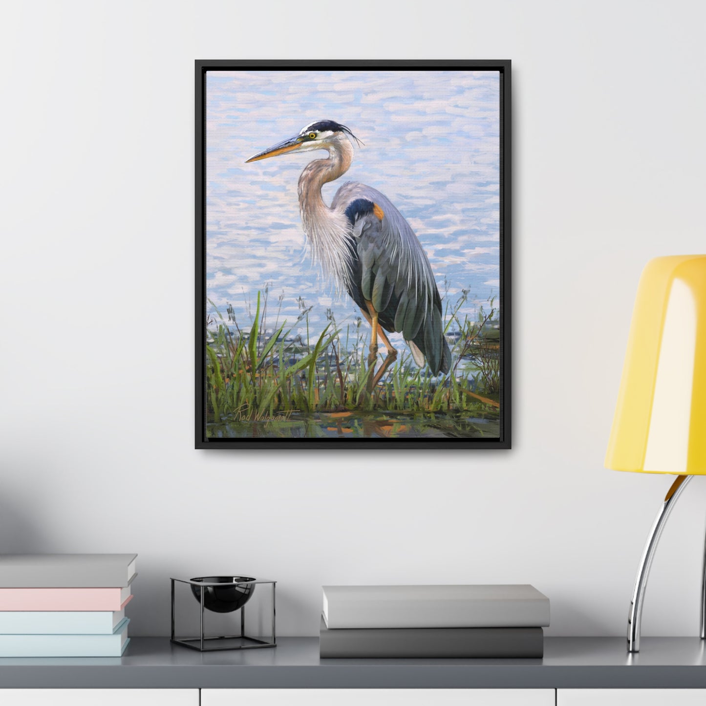 Framed canvas Wrap, Blue Heron at Stansbury Lake, by Rod Walgamott