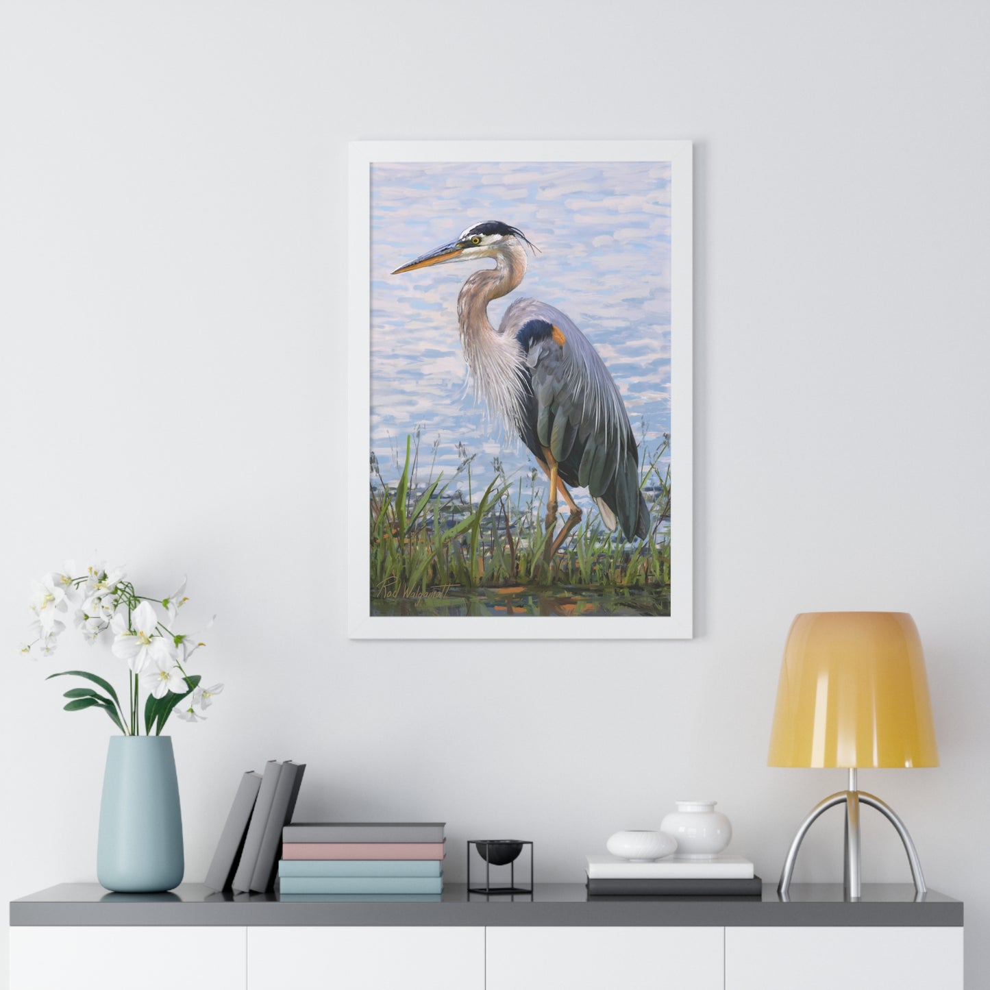 Framed Matte Print, Blue Heron at Stansbury Lake, by Rod Walgamott