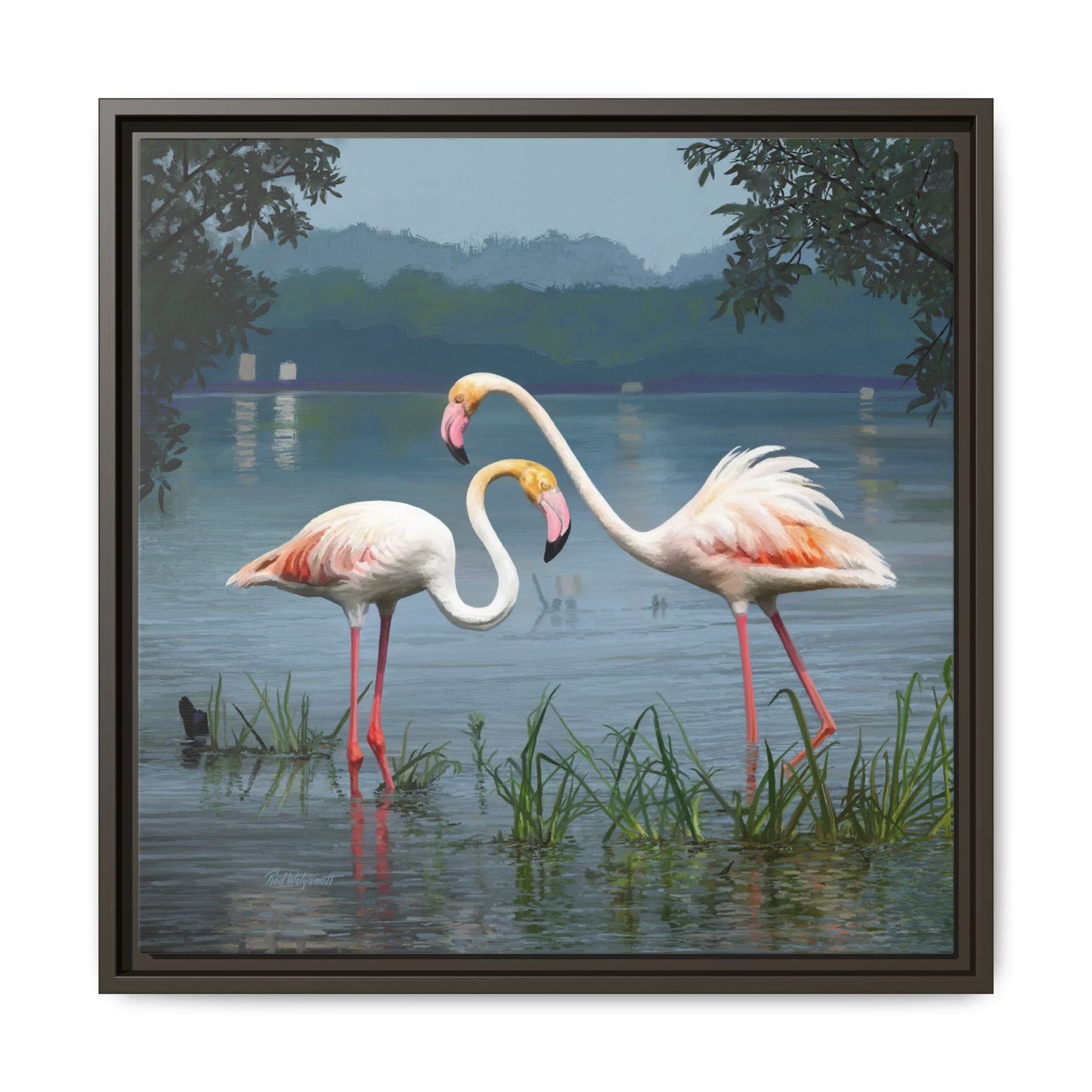 Framed Flamingo Canvas Art – Flamingo Dance by Rod Walgamott